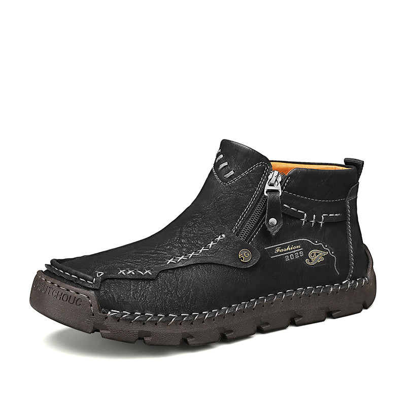 Men's Top-Quality Motorcycle Boots Hand-Stitched Genuine Leather Boots-Wide Toe, Waterproof, Anti-Slip, Anti-Sprain, Suitable for Work, Driving, Hiking