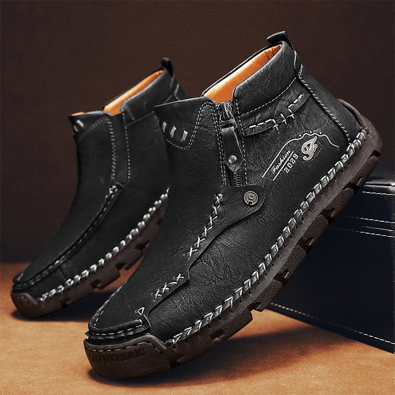 Men's Top-Quality Motorcycle Boots Hand-Stitched Genuine Leather Boots-Wide Toe, Waterproof, Anti-Slip, Anti-Sprain, Suitable for Work, Driving, Hiking