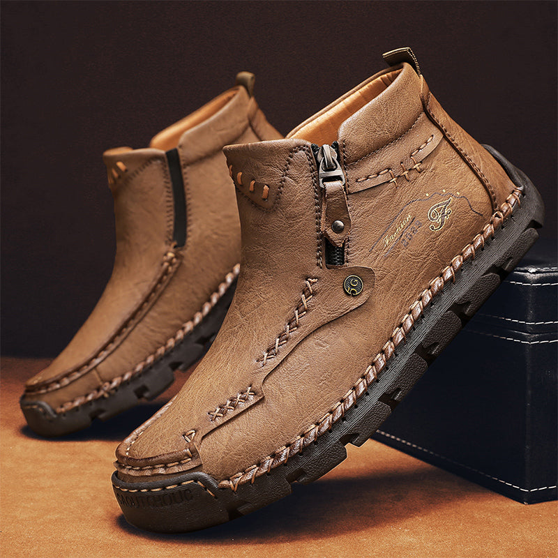 Men's Top-Quality Motorcycle Boots Hand-Stitched Genuine Leather Boots-Wide Toe, Waterproof, Anti-Slip, Anti-Sprain, Suitable for Work, Driving, Hiking