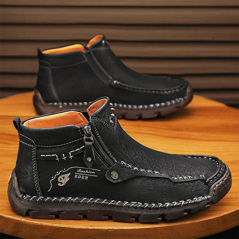 Men's Top-Quality Motorcycle Boots Hand-Stitched Genuine Leather Boots-Wide Toe, Waterproof, Anti-Slip, Anti-Sprain, Suitable for Work, Driving, Hiking