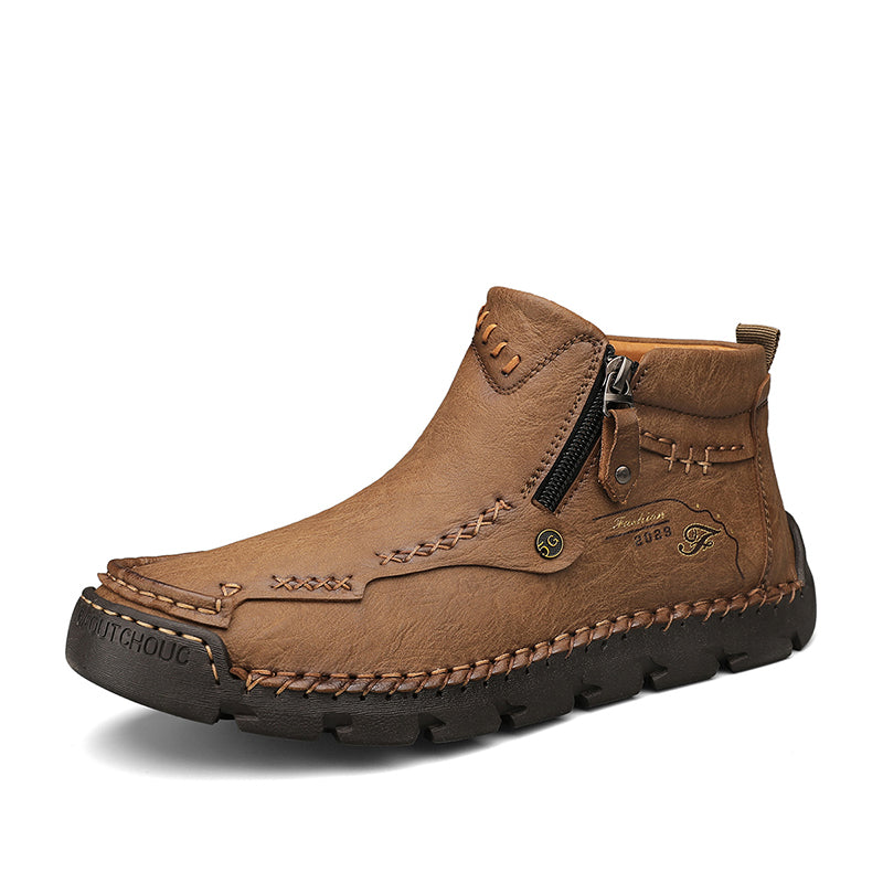 Men's Top-Quality Motorcycle Boots Hand-Stitched Genuine Leather Boots-Wide Toe, Waterproof, Anti-Slip, Anti-Sprain, Suitable for Work, Driving, Hiking
