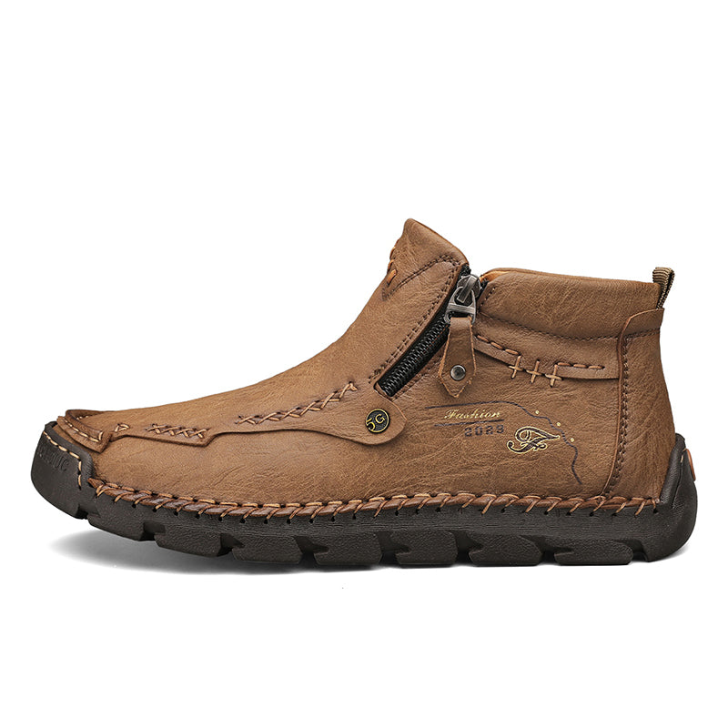 Men's Top-Quality Motorcycle Boots Hand-Stitched Genuine Leather Boots-Wide Toe, Waterproof, Anti-Slip, Anti-Sprain, Suitable for Work, Driving, Hiking