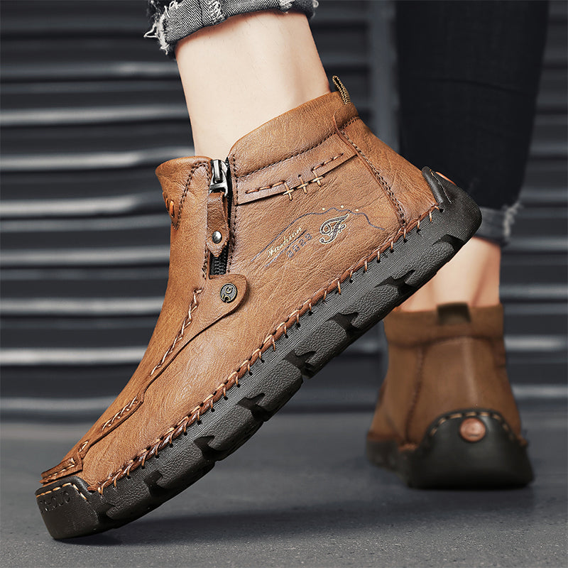 Men's Top-Quality Motorcycle Boots Hand-Stitched Genuine Leather Boots-Wide Toe, Waterproof, Anti-Slip, Anti-Sprain, Suitable for Work, Driving, Hiking